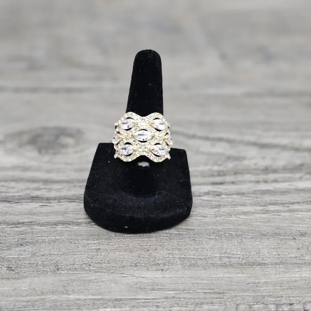 Vintage Gold Tone Multi Row CZ Diamond Cluster Chunky Wide Statement Ring